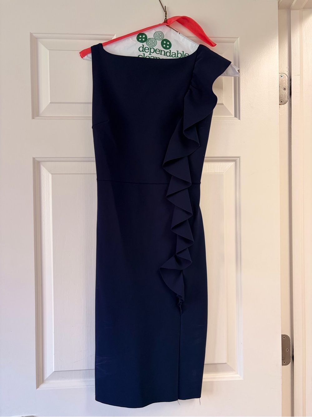Chiara Boni Navy One-Shoulder Ruffle Sheath Dress